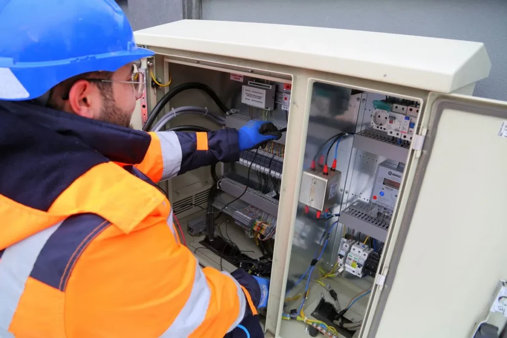 Électricien intervenant dans une armoire de commande